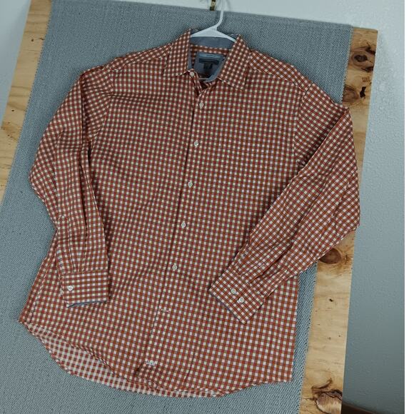 Johnston & Murphy Tailored Fit Shirt Mens Large Orange/White Checkered Casual - Picture 3 of 13